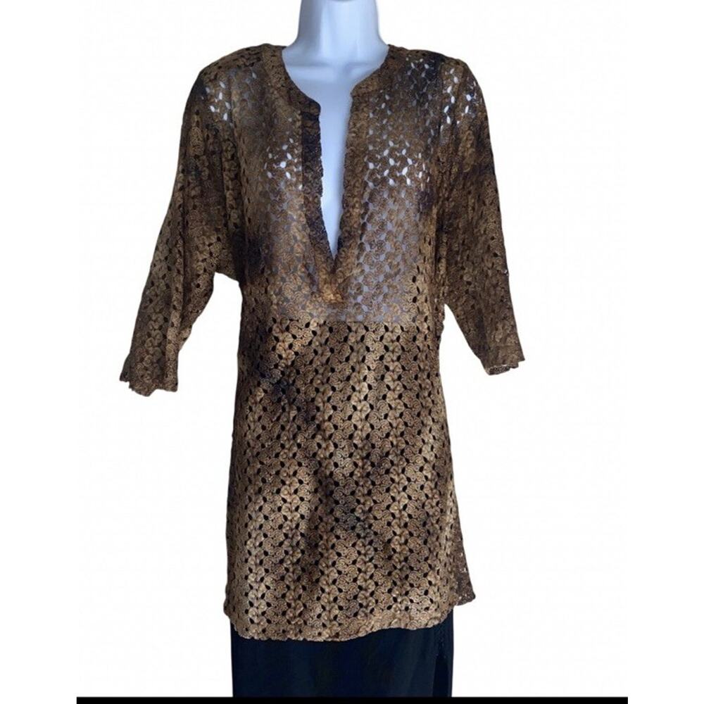 VTG Catherines Women's Plus Size 1X Lace Fish Net Brown Tunic Blouse Top Spring - Picture 3 of 10